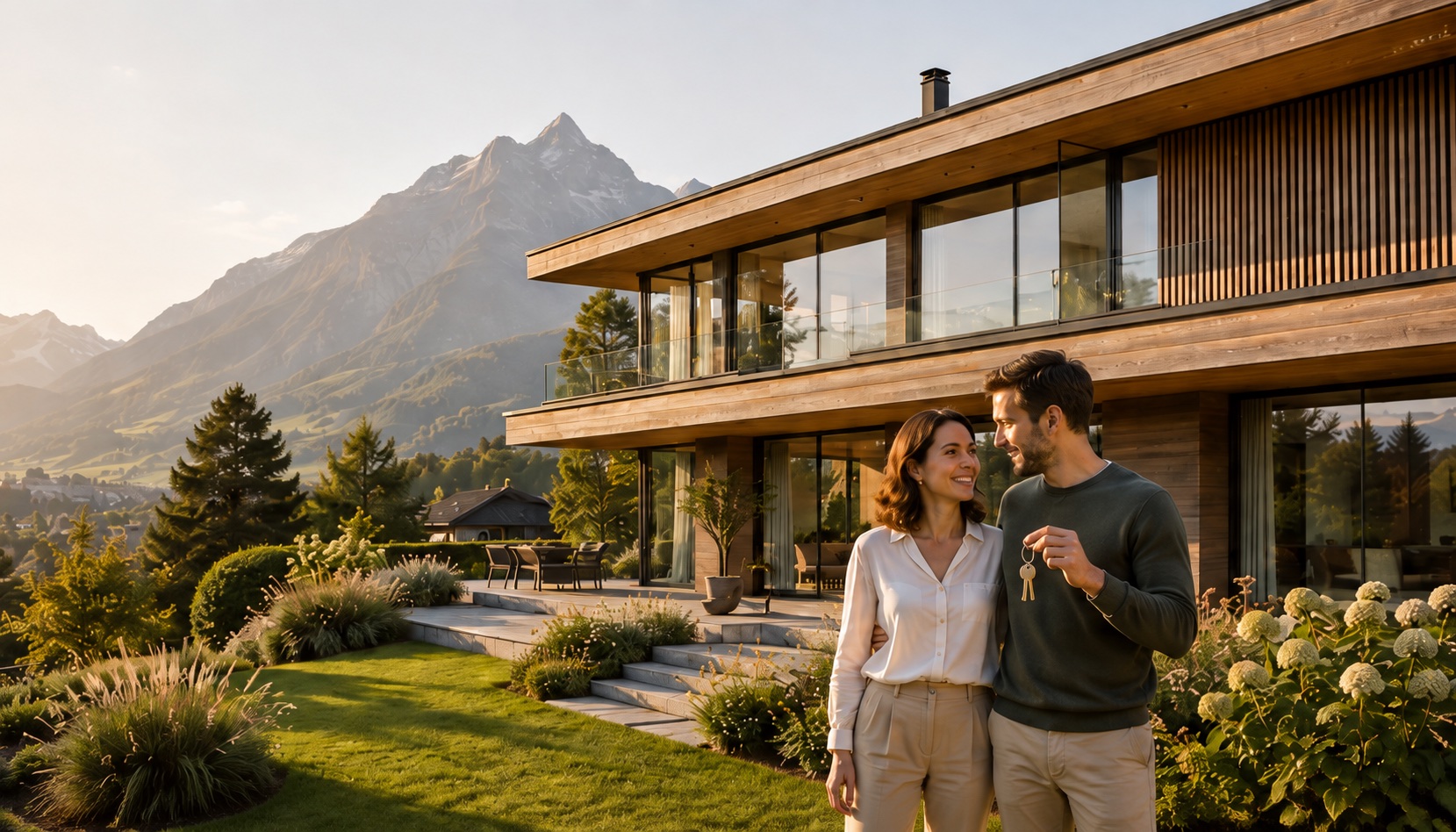 Un couple avec les clés de sa maison, dans un cadre alpin
